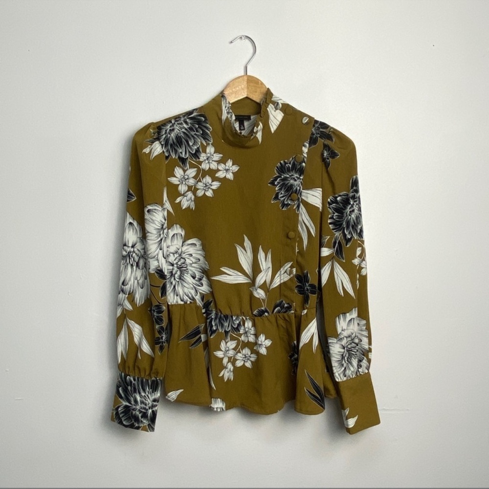 Who What Wear x Target Asymmetrical Button Peplum Blouse Brown Mustard Floral LG - Picture 2 of 11